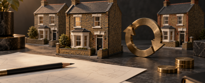 British model houses, analysis papers and a brass circular arrow illustrating rental income, growth and refinancing