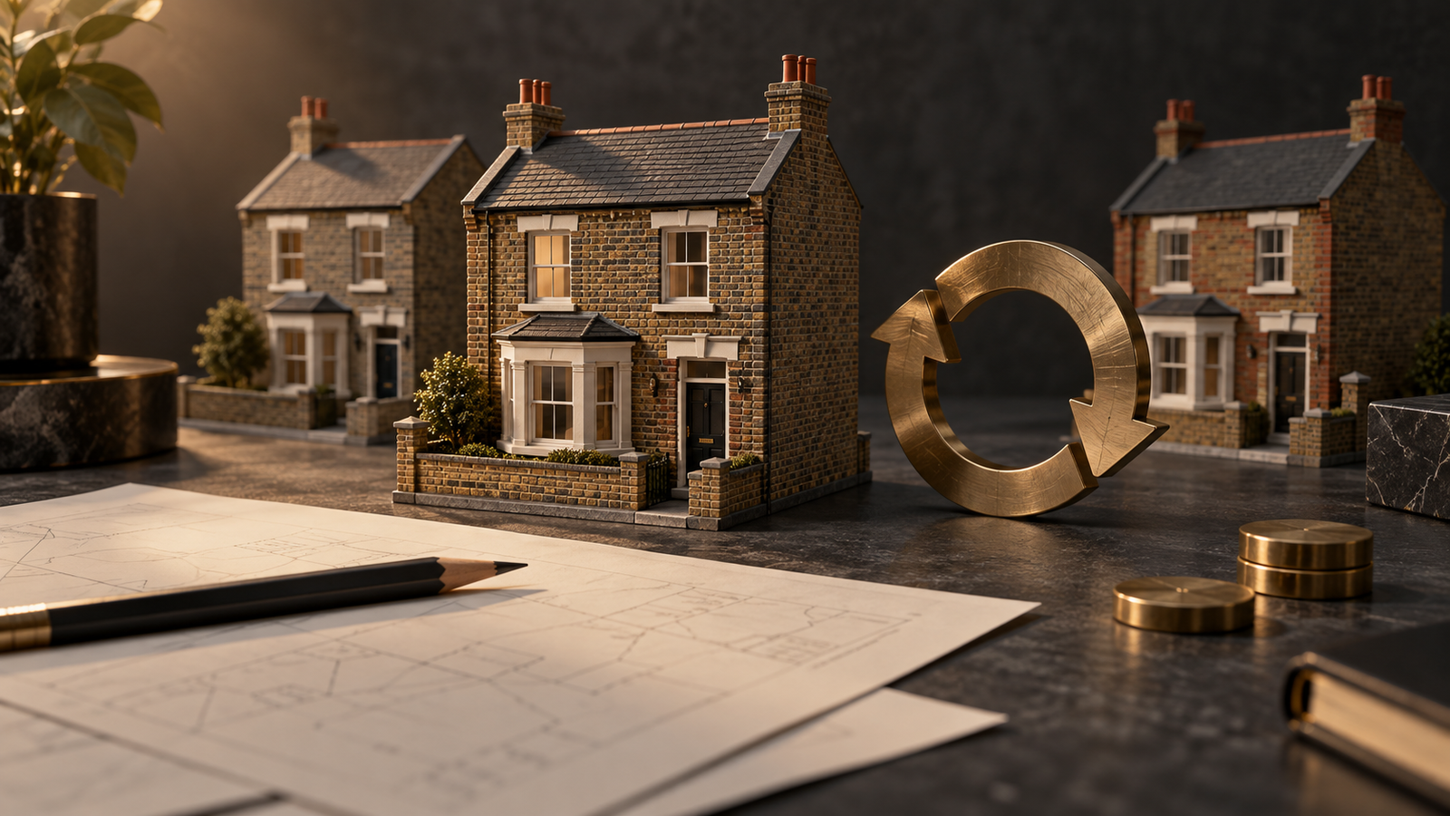 British model houses, analysis papers and a brass circular arrow illustrating rental income, growth and refinancing