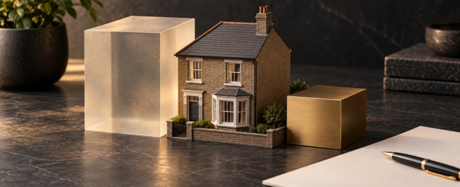 Conceptual illustration of a British house beside translucent and brass blocks representing equity and borrowing