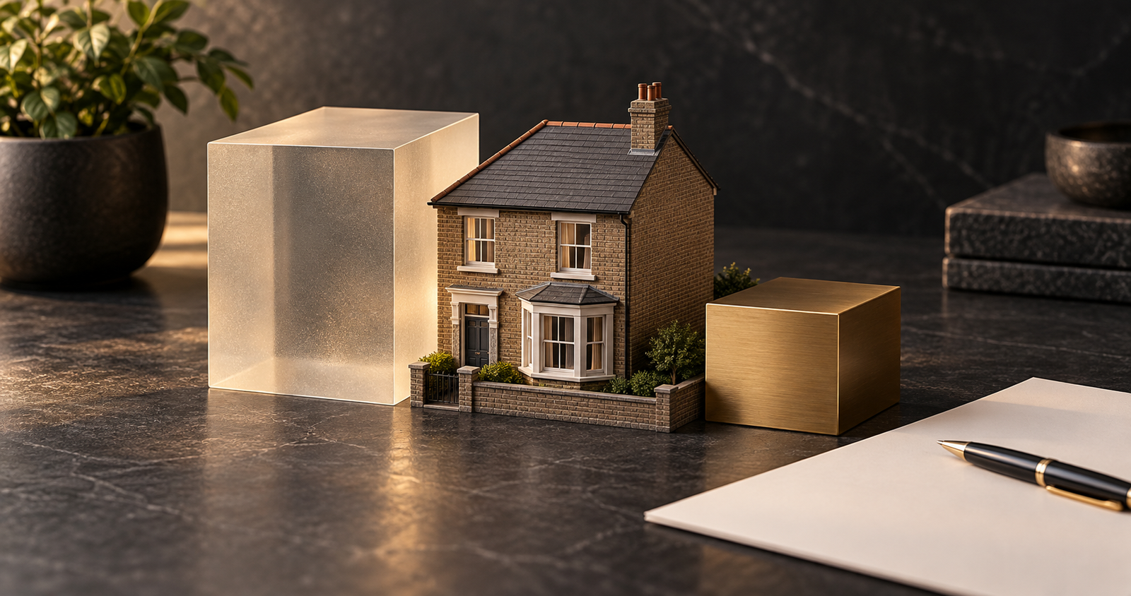 Conceptual illustration of a British house beside translucent and brass blocks representing equity and borrowing