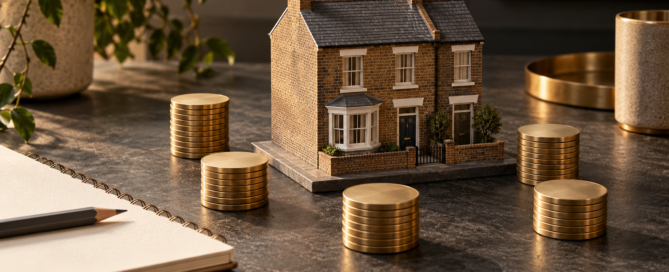 Model British terrace with budgeting papers and a calculator, illustrating buy-to-let purchase costs