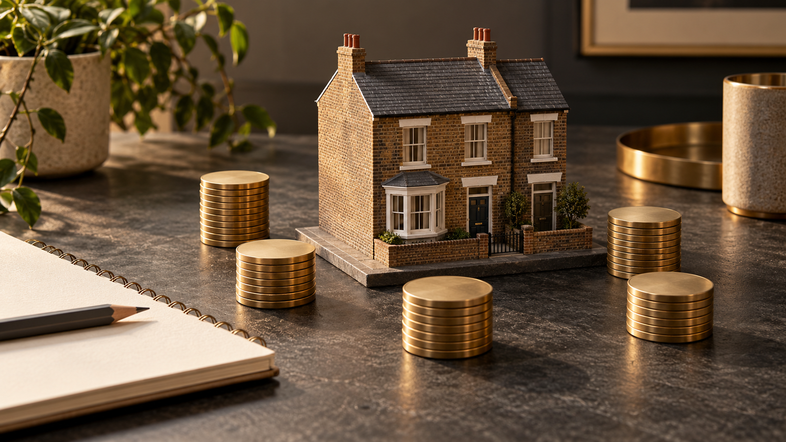 how-much-money-first-buy-to-let Model British terrace with budgeting papers and a calculator, illustrating buy-to-let purchase costs