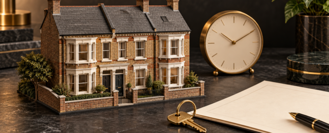 Conceptual illustration of a British rental house model beside a brass clock, keys and mortgage paperwork