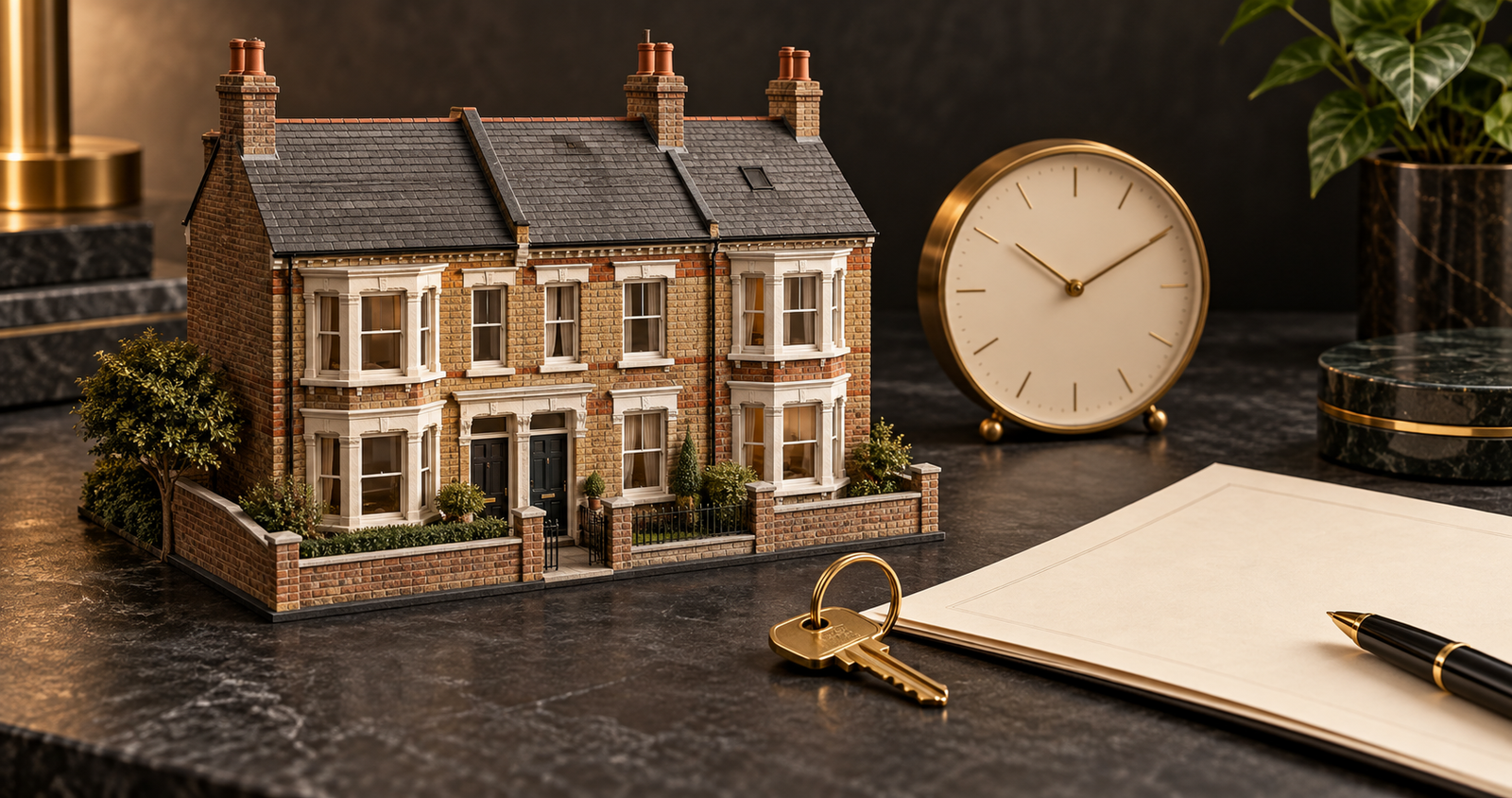 Conceptual illustration of a British rental house model beside a brass clock, keys and mortgage paperwork