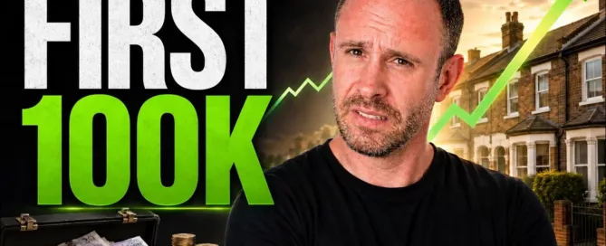 Mark Parham beside houses, money and an upward arrow with the words “First 100K”.