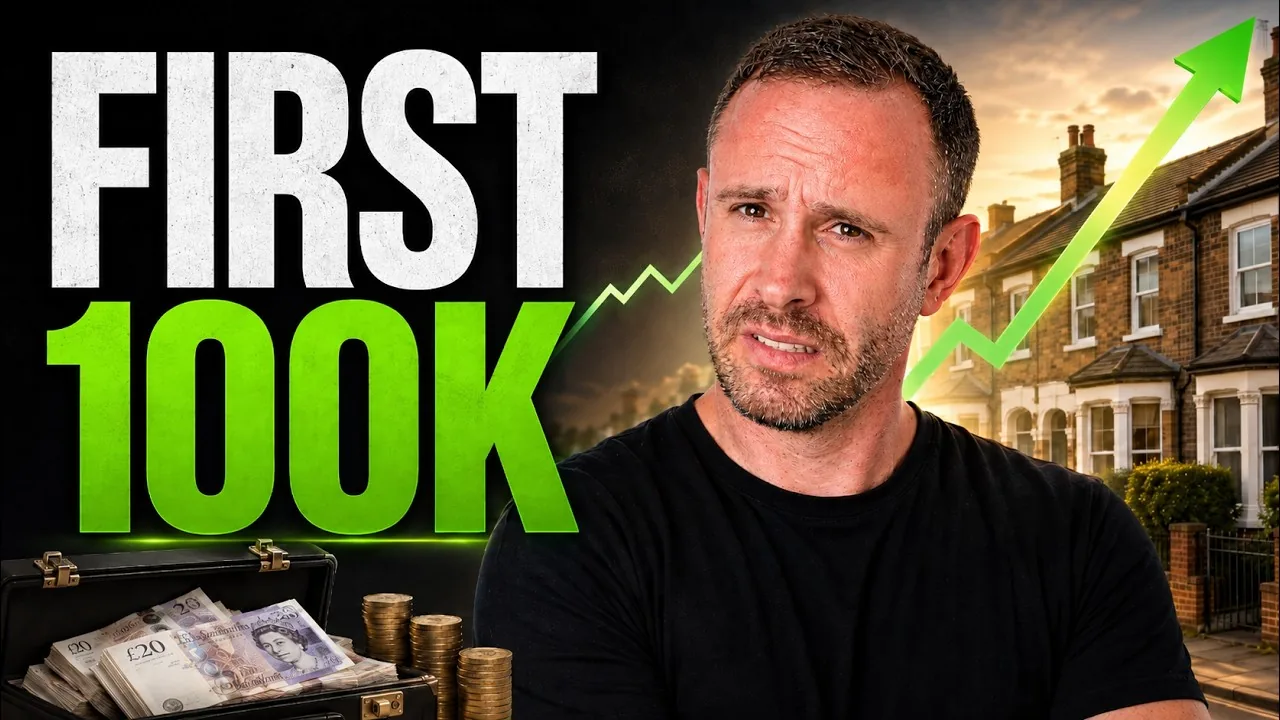Mark Parham beside houses, money and an upward arrow with the words “First 100K”.