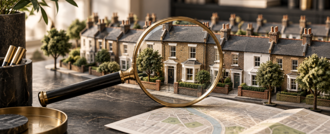 Conceptual illustration of a British residential neighbourhood model with a magnifying glass and an unlabelled street map