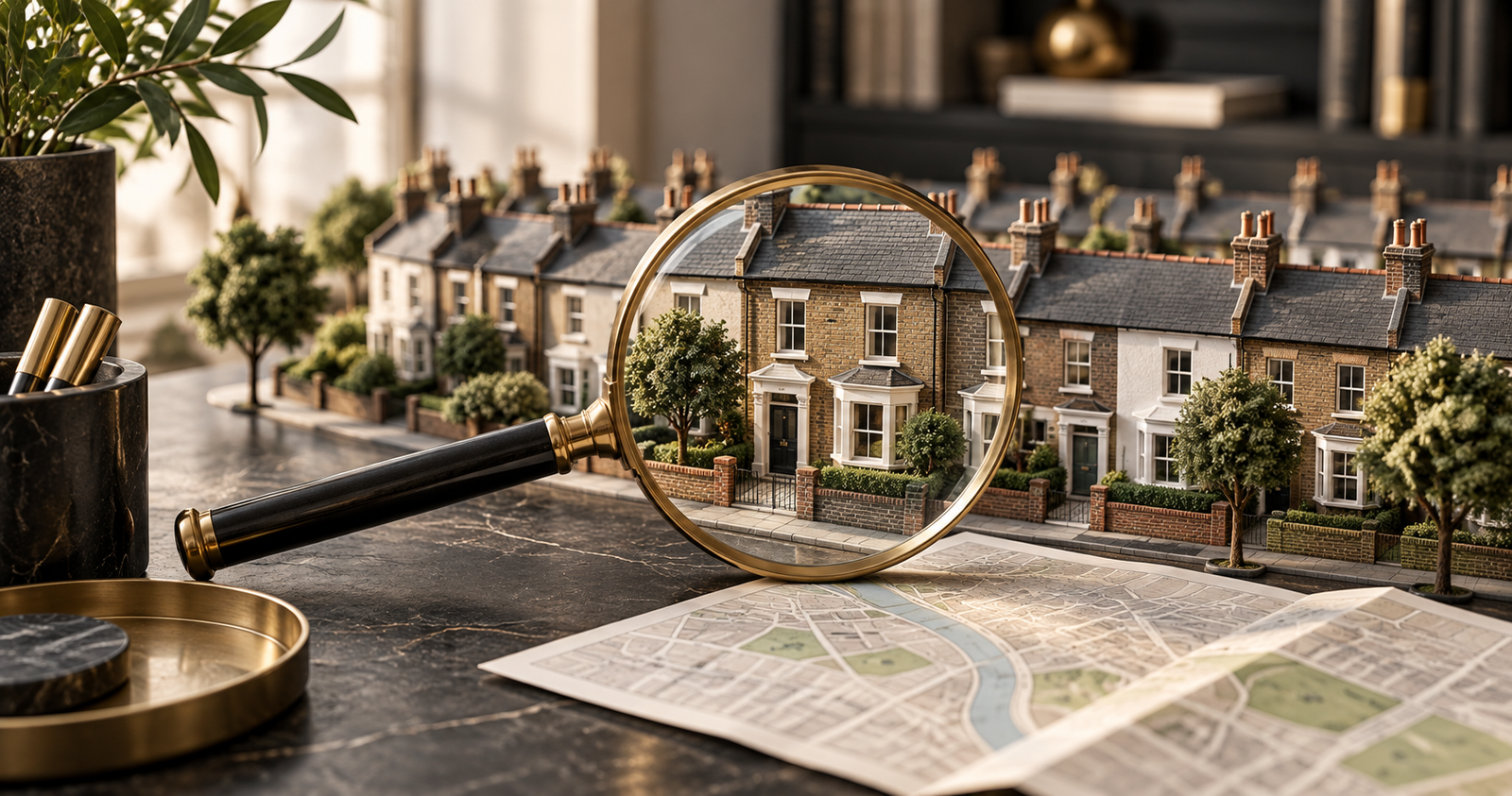 how-to-check-rental-demand Conceptual illustration of a British residential neighbourhood model with a magnifying glass and an unlabelled street map