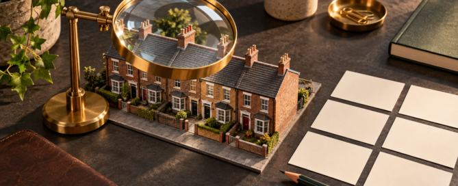 British model house and research tools on a charcoal desk, illustrating how to assess a property mentor