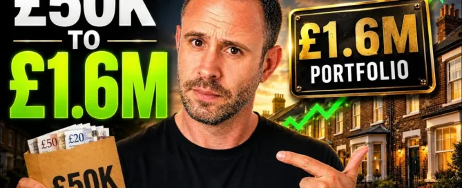 Mark Parham holding a £50K envelope beside houses and a £1.6M portfolio illustration.