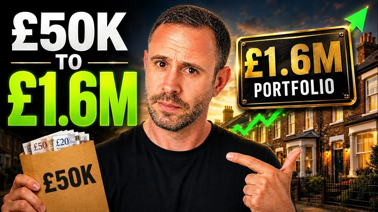 Mark Parham holding a £50K envelope beside houses and a £1.6M portfolio illustration.