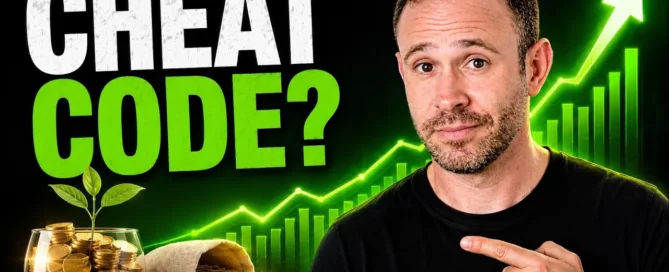 Mark Parham pointing towards coins and a rising green chart beside the words “Cheat code?”.