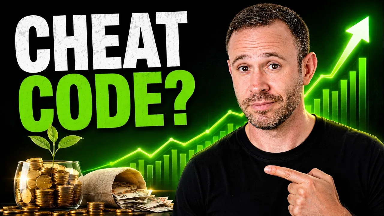 Mark Parham pointing towards coins and a rising green chart beside the words “Cheat code?”.