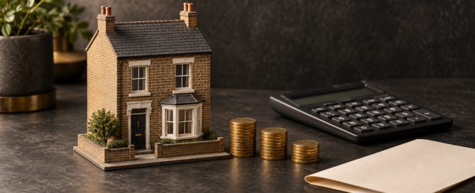 Conceptual illustration of a British house model, three coin stacks and a calculator representing a property purchase budget