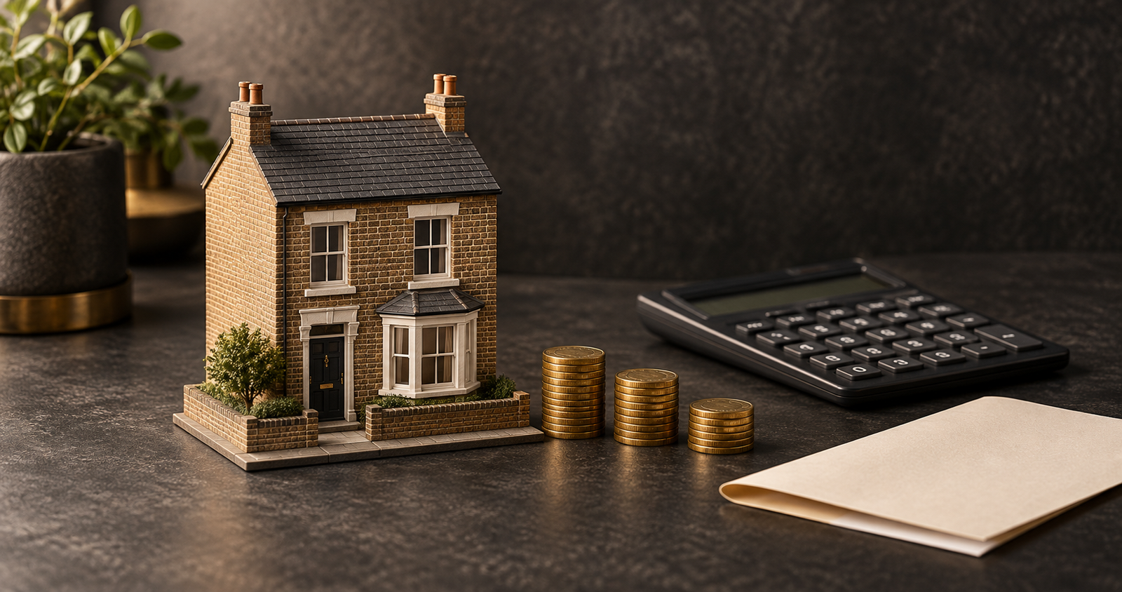 Conceptual illustration of a British house model, three coin stacks and a calculator representing a property purchase budget