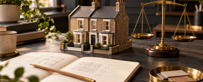 Model British houses beside a brass balance and planning notebook, illustrating a thoughtful decision about mentoring