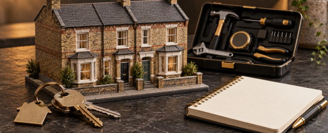 Conceptual illustration of a British rental house model with keys, a maintenance toolkit and a management notebook