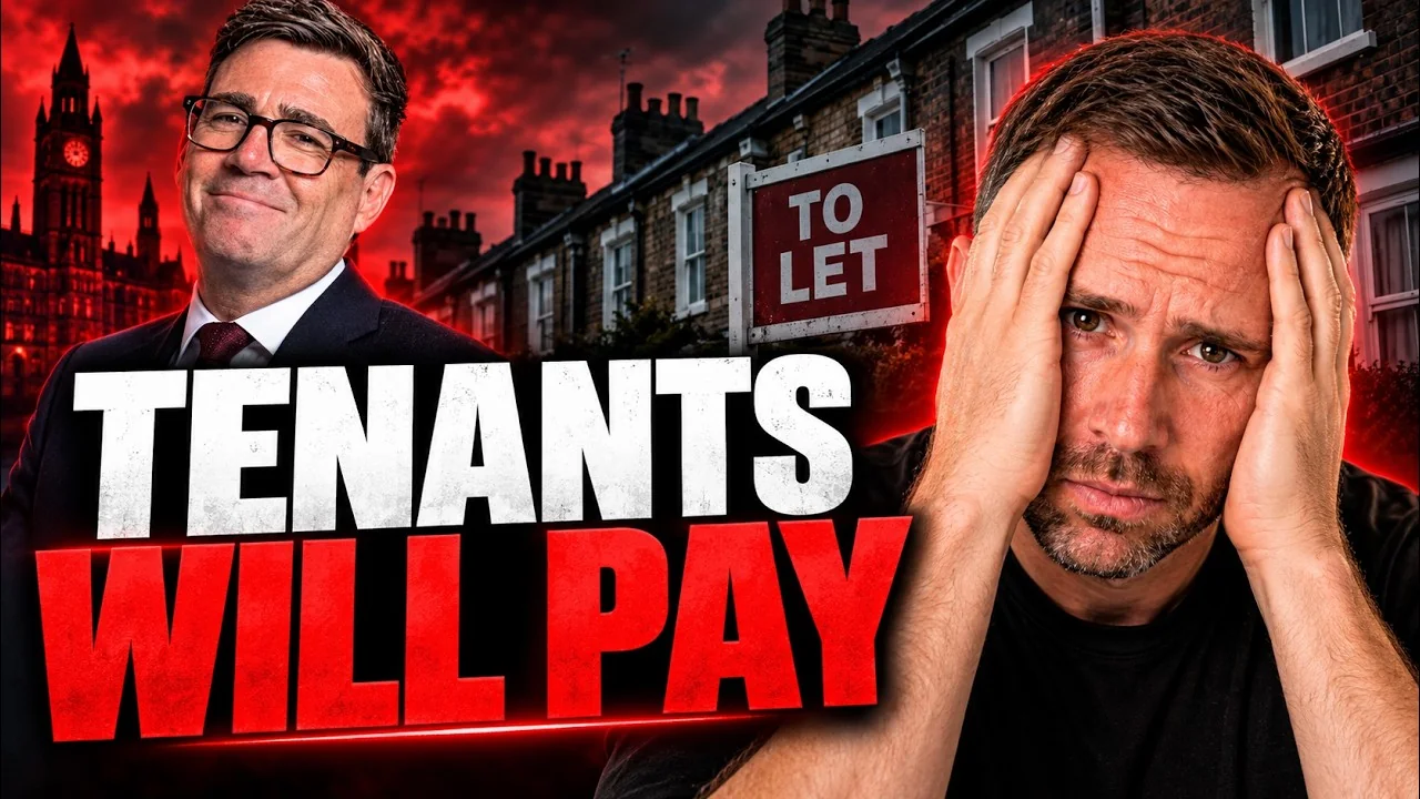 Mark Parham holding his head beside rental houses and the words “Tenants will pay”.