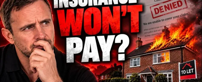Mark Parham beside Insurance Won’t Pay text, a claim-denied graphic and a burning rental house