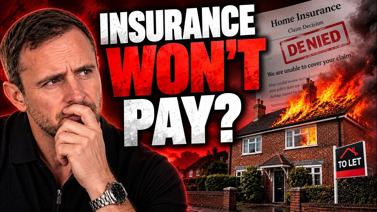 Mark Parham beside Insurance Won’t Pay text, a claim-denied graphic and a burning rental house