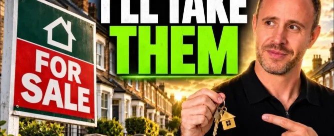 Mark Parham holding house keys beside a For Sale sign and the words “I’ll take them”.