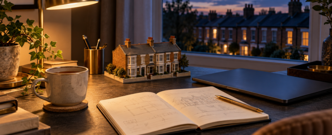 British model house beside a notebook and clock, illustrating property planning around full-time work