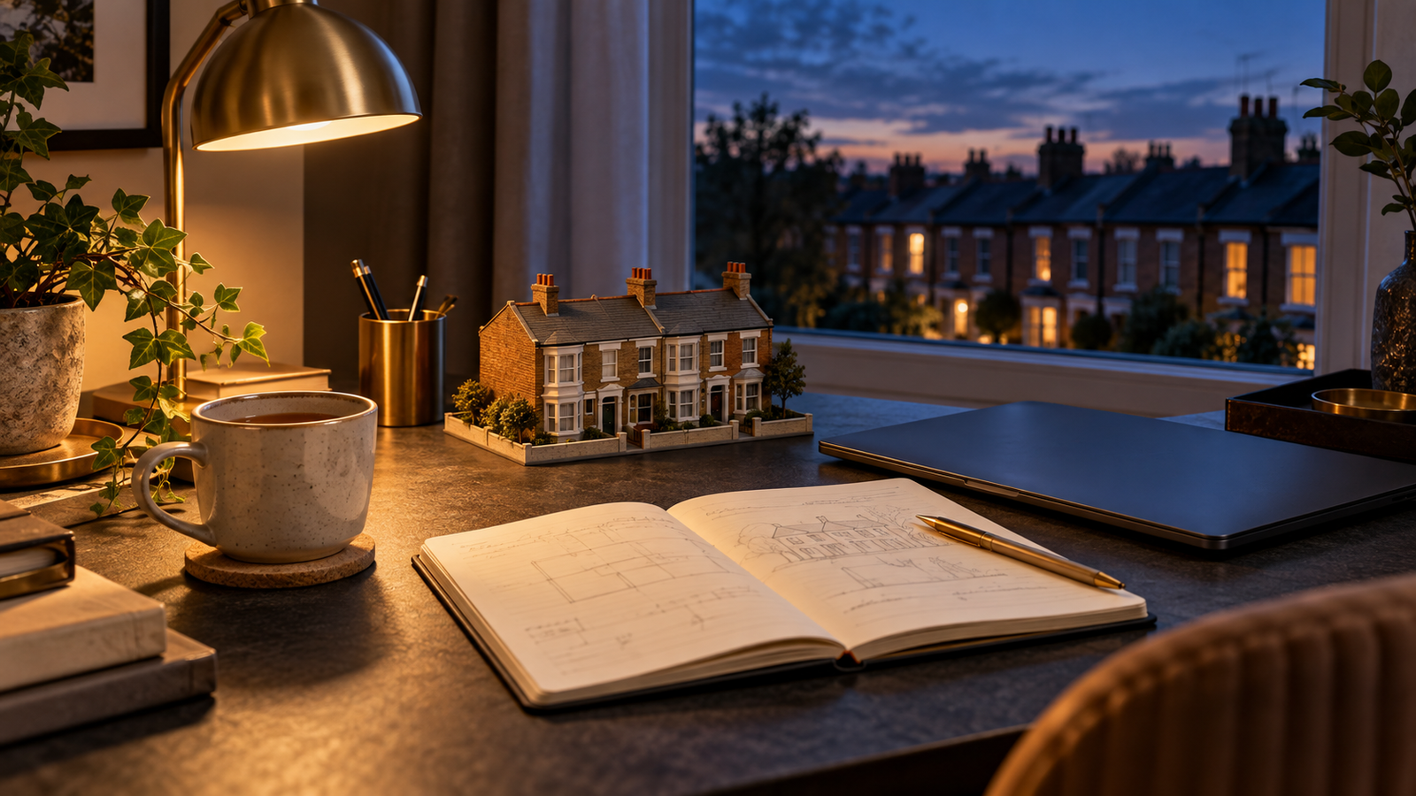 British model house beside a notebook and clock, illustrating property planning around full-time work