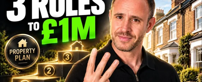 Mark Parham holding up three fingers beside houses, numbered steps and the words “3 rules to £1M”.