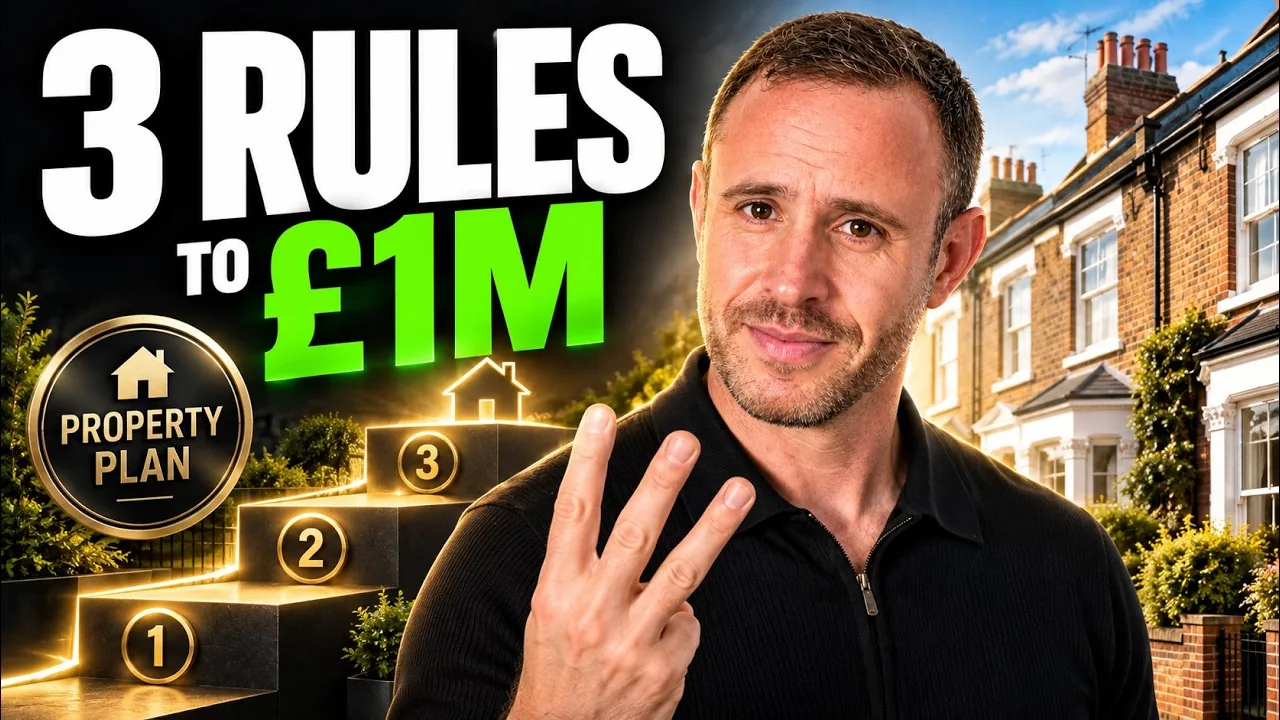 Mark Parham holding up three fingers beside houses, numbered steps and the words “3 rules to £1M”.