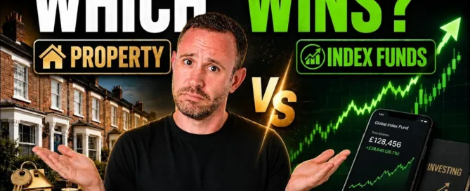 Mark Parham holding out his hands between houses and an index-fund chart with “Which wins?”.