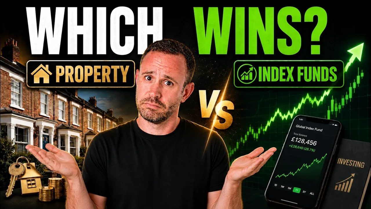 Mark Parham holding out his hands between houses and an index-fund chart with “Which wins?”.
