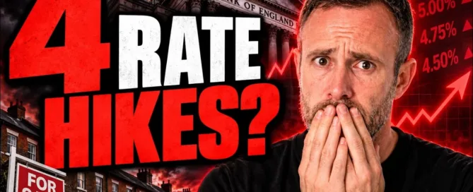 Mark Parham beside the Bank of England, an upward chart and the words “4 rate hikes?”.