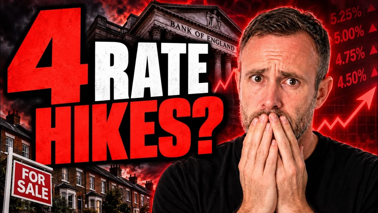 Mark Parham beside the Bank of England, an upward chart and the words “4 rate hikes?”.