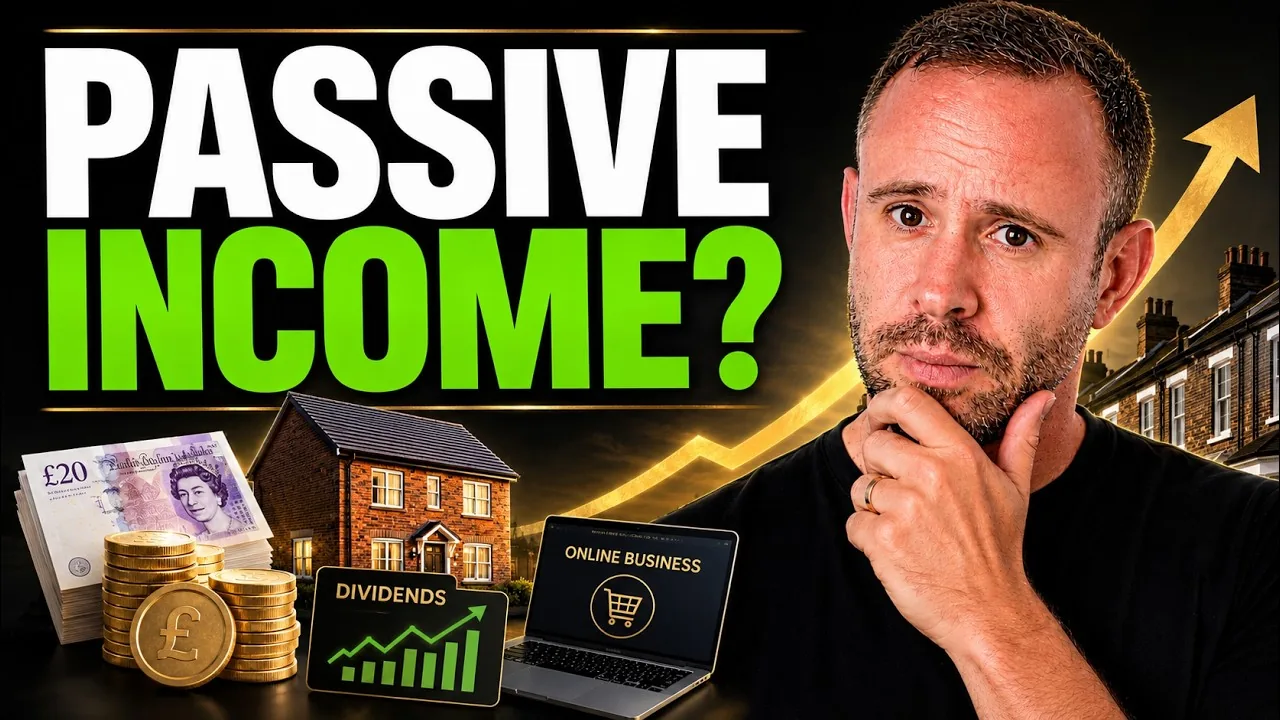 Mark Parham with his hand on his chin beside money, houses and the words “Passive income?”.