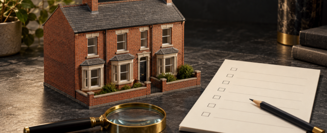 Conceptual illustration of a British terraced house model beside a viewing checklist and magnifying glass