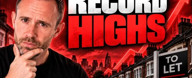 Mark Parham beside rental houses, a To Let sign and the words Record Highs