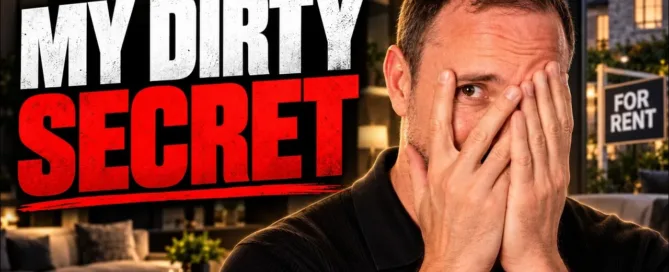Mark Parham covering part of his face beside a house, a For Rent sign and the words “My dirty secret”.