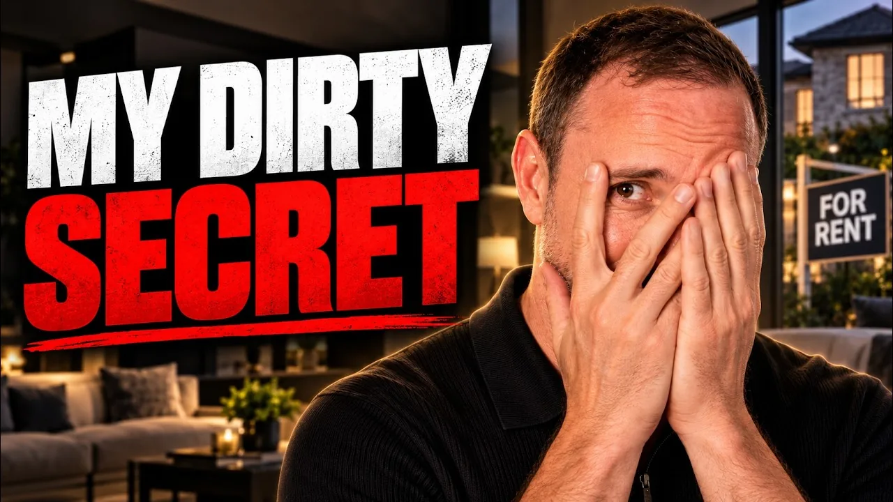 Mark Parham covering part of his face beside a house, a For Rent sign and the words “My dirty secret”.