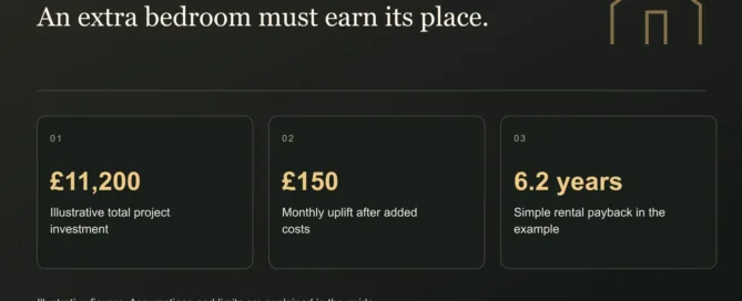An extra bedroom must earn its place. £11,200: Illustrative total project investment. £150: Monthly uplift after added costs. 6.2 years: Simple rental payback in the example
