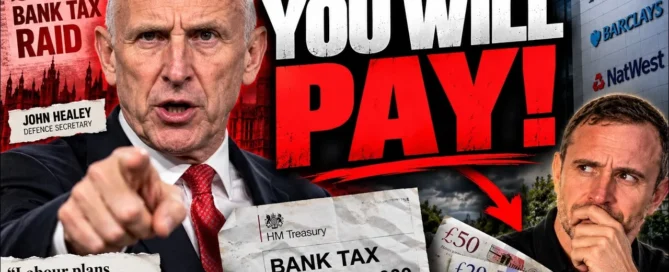Original bank-tax video thumbnail showing John Healey, Mark Parham, bank logos and the words You Will Pay