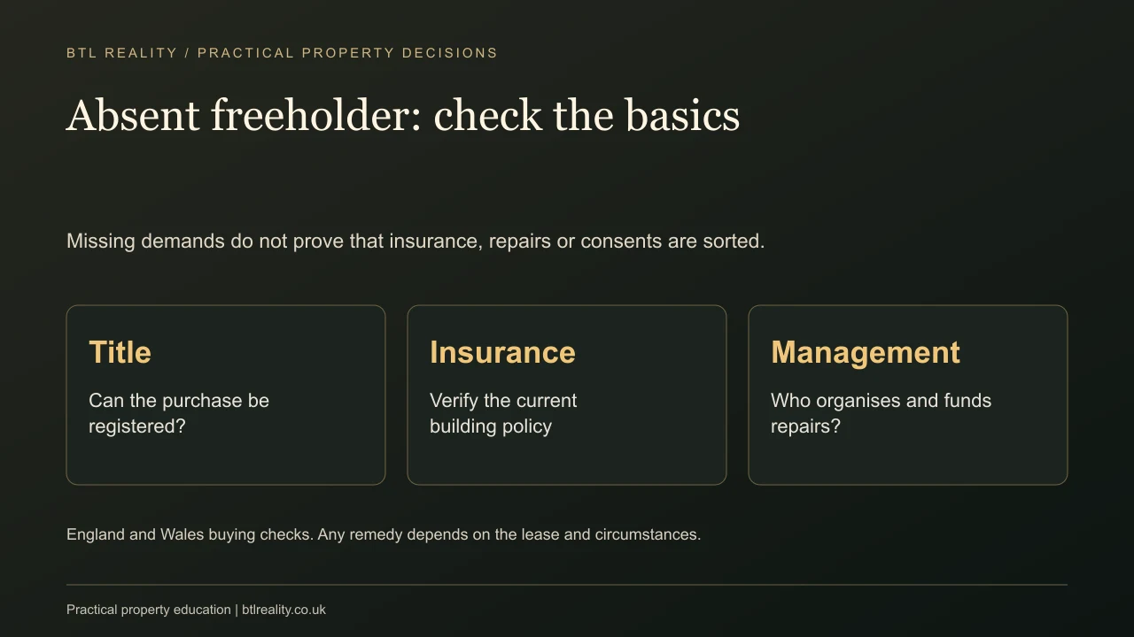 Absent freeholder: check the basics. Missing demands do not prove that insurance, repairs or consents are sorted.