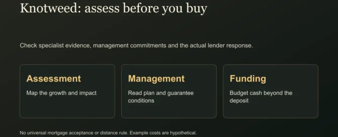 Knotweed: assess before you buy. Check specialist evidence, management commitments and the actual lender response.
