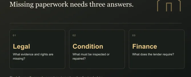 Missing paperwork needs three answers. Legal: What evidence and rights are missing?. Condition: What must be inspected or repaired?. Finance: What does the lender require?