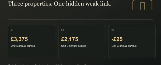 Three properties. One hidden weak link.. £3,375: Unit A annual surplus. £2,175: Unit B annual surplus. -£25: Unit C annual surplus. Illustrative figures where shown.