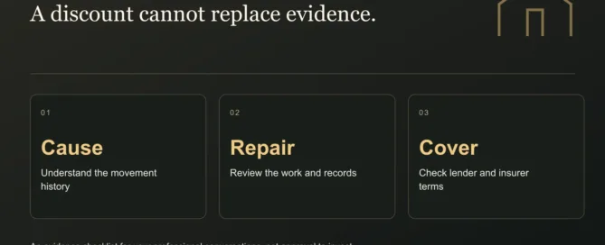 A discount cannot replace evidence. Cause: Understand the movement history. Repair: Review the work and records. Cover: Check lender and insurer terms