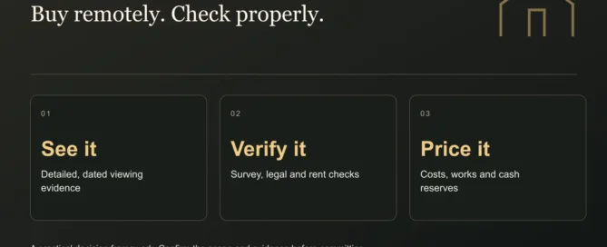 Buy remotely. Check properly. See it: Detailed, dated viewing evidence. Verify it: Survey, legal and rent checks. Price it: Costs, works and cash reserves