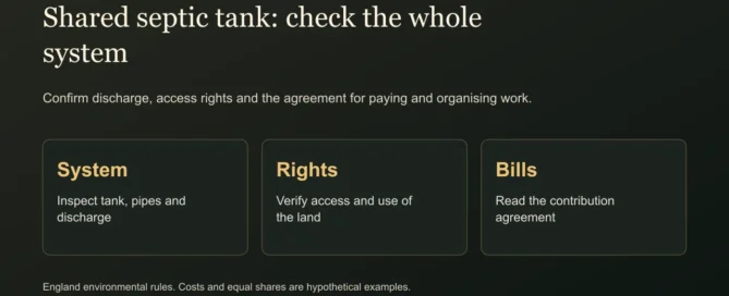 Shared septic tank: check the whole system. Confirm discharge, access rights and the agreement for paying and organising work.