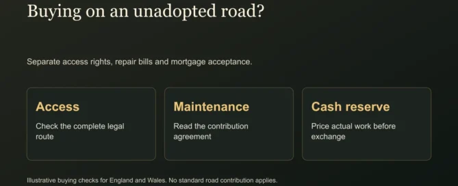 Buying on an unadopted road?. Separate access rights, repair bills and mortgage acceptance.