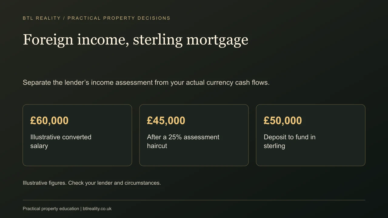 Foreign income, sterling mortgage. Separate the lender’s income assessment from your actual currency cash flows.
