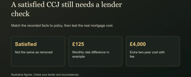A satisfied CCJ still needs a lender check. Match the recorded facts to policy, then test the real mortgage cost.